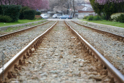 Tram rails. The forces of a Bucharest tram in the spring of 2021, Bucharest, Romania. Photo during the day.