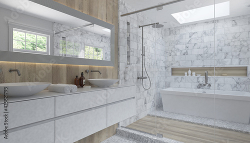 Modern bathroom interior with wooden decor in eco style 