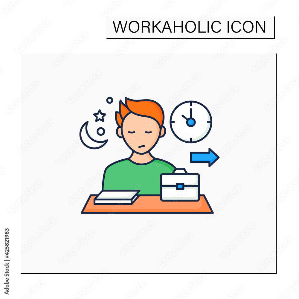Workaholic color icon.Last leave office. Works until nightfall. Man at laptop. Hard working.Overworking concept.Isolated vector illustration