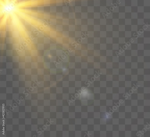 Lens flash light effect. Sunbeams with rays isolated on transparent background. Vector illustration.