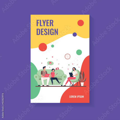 Parents couple and kid using gadgets. Social media addicted family with laptop, tablet and phone sitting together. Flat vector illustration for internet addiction, communication concept