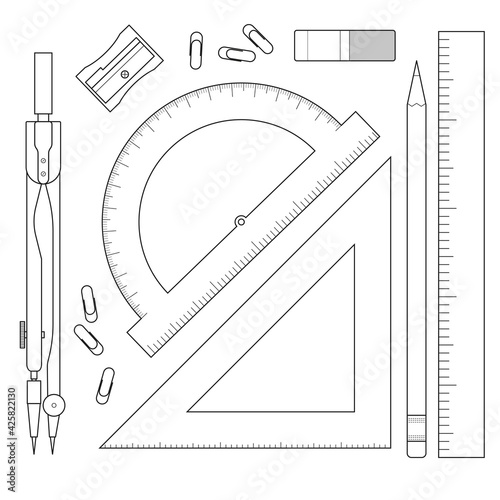 A set of items for measurements - protractor, compasses, ruler. Collection of stationery isolated on white background. Vector illustration
