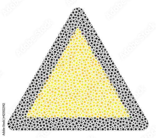 Vector warning triangle coronavirus mosaic icon designed for medicare wallpapers. Warning triangle mosaic is designed with little coronavirus pathogen parts.