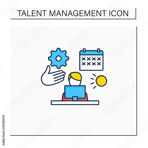 Time off management color icon. Rational time distribution. Schedule, calendar. Employee works on laptop.Talent management concept. Isolated vector illustration