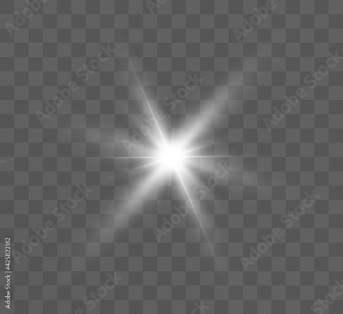 White glowing light explodes on a transparent background. Bright Star. Transparent shining sun, bright flash. Vector graphics.	