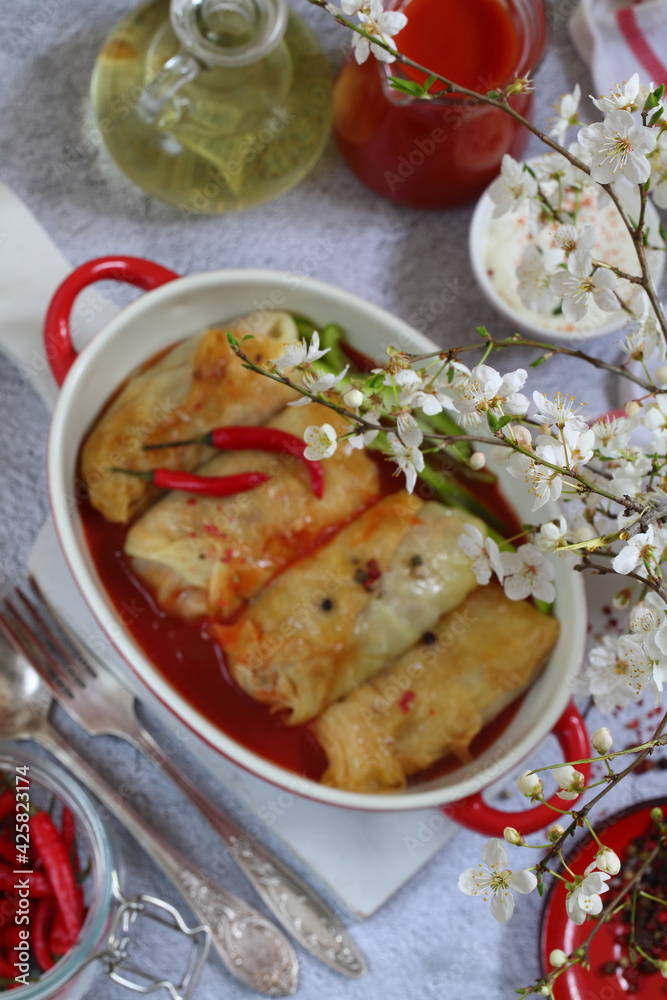 Cabbage rolls with minced meat on a gray background Cabbage rolls with minced meat on a gray background