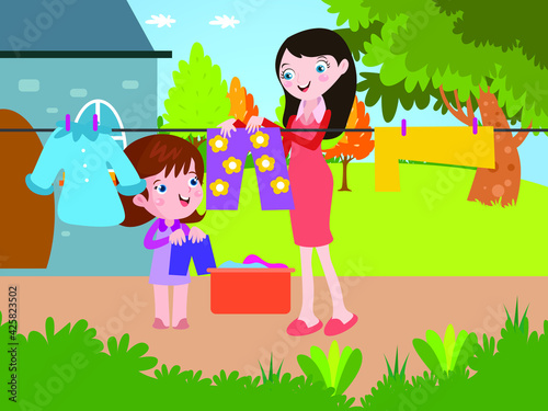Mother and daughter dry laundry vector concept for banner, website, illustration, landing page, flyer, etc.