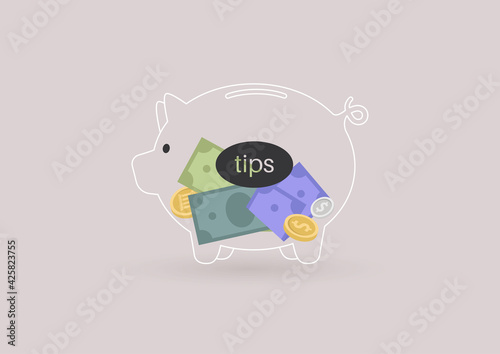 A glass piggy bank with paper money and coins inside, transparent banking service, a tip box