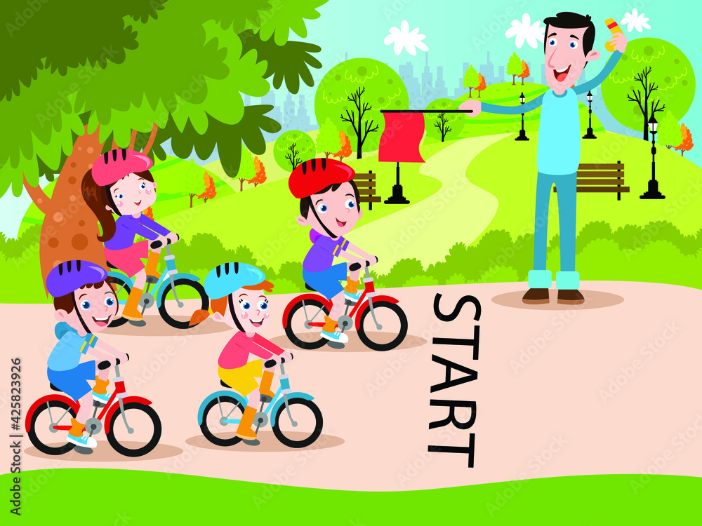 Fototapeta premium Kids ready to bicycle race vector concept for banner, website, illustration, landing page, flyer, etc.