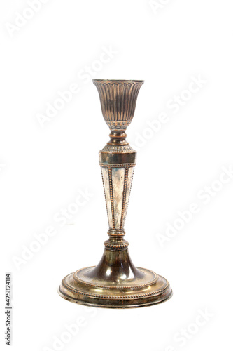 A Vintage Antique Silver Candlestick on White Background