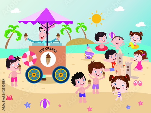 Happy kids eating ice cream at beach vector concept for banner, website, illustration, landing page, flyer, etc. photo