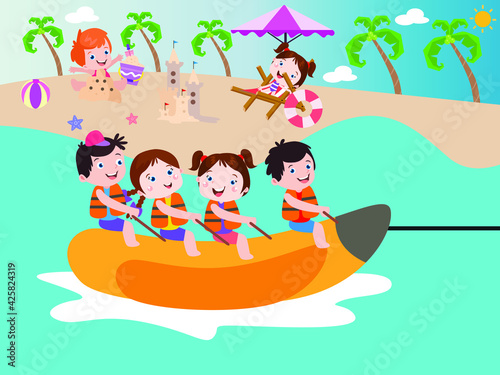 Happy kids ride a banana boat vector concept for banner, website, illustration, landing page, flyer, etc.