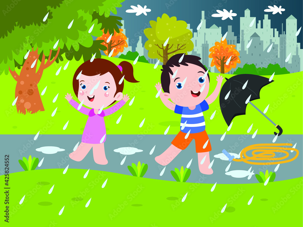 Happy kids playing in the rain vector concept for banner, website, illustration, landing page, flyer, etc.