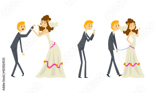 Couple of Newlyweds Set, Funny Weak Groom Character Dominated by Bride Cartoon Vector Illustration