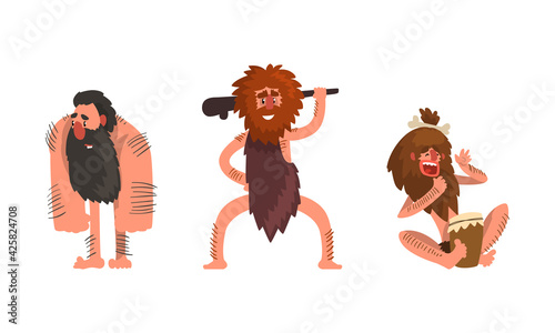 Primitive Caveman Characters Set, Funny Stone Age Archaic Men Dressed in Animal Skin Cartoon Vector Illustration