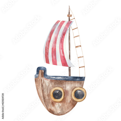 ship, yacht with sail of red and white color, children's cute watercolor illustration on a white background