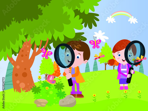 Students learn biology in nature vector concept for banner, website, illustration, landing page, flyer, etc.