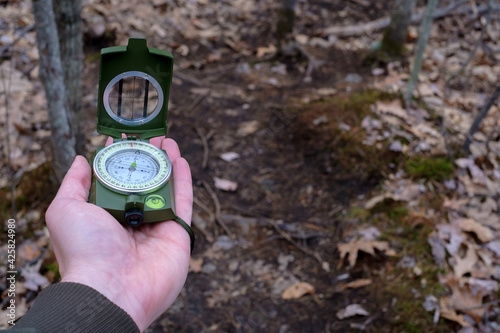 Point-of-view prismatic compass in the woods