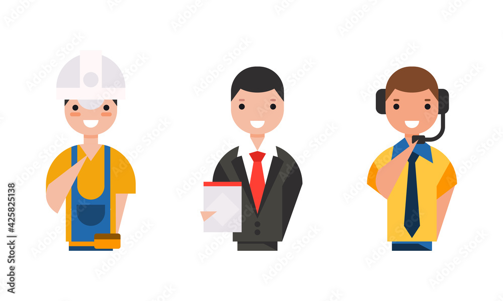 People of Various Professions Set, Air Traffic Controller, Businessman, Construction Worker Characters Cartoon Vector Illustration