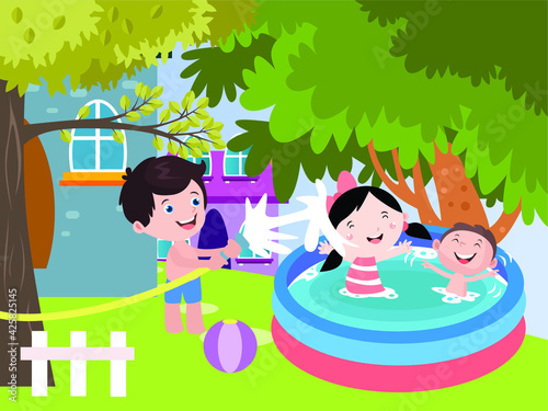 Kids or sibling playing at swimming pool vector concept for banner, website, illustration, landing page, flyer, etc.