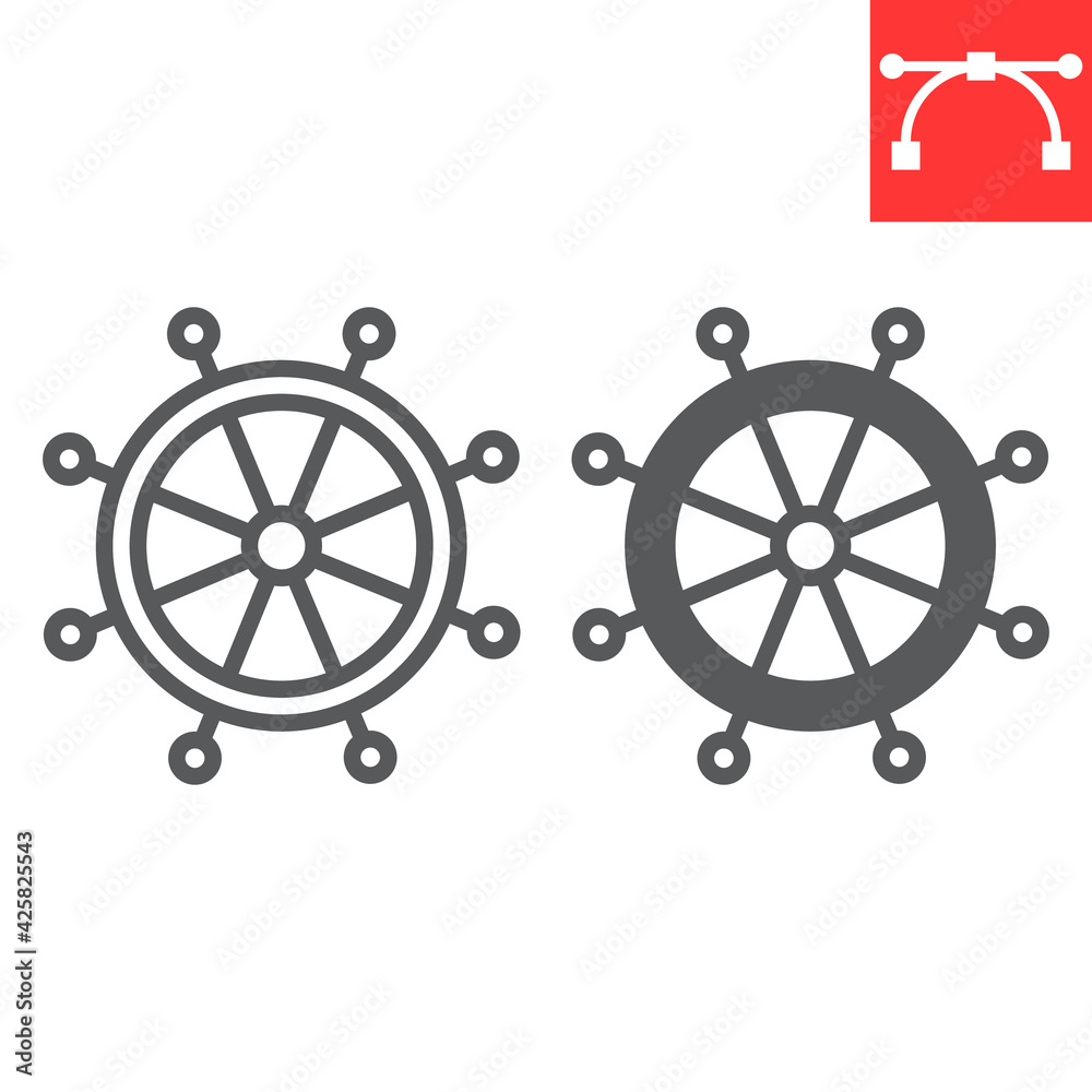 Ship steering wheel line and glyph icon, boat wheel and ocean, helm vector icon, vector graphics, editable stroke outline sign, eps 10.