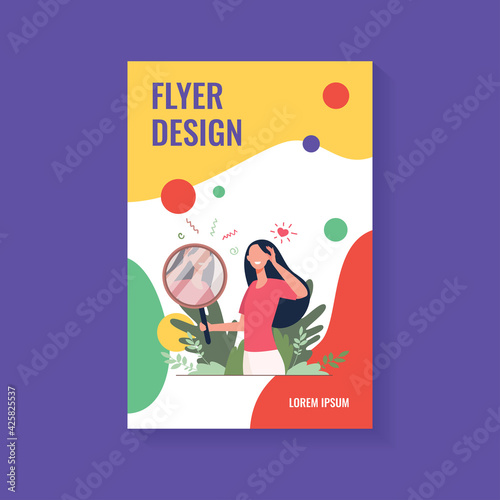 Woman looking at mirror flat vector illustration. Cartoon beautiful female characters smiling to her reflection. Love of self, ego and narcissism concept
