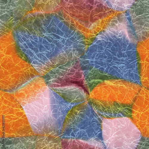 Seamless abstract blobs of color with intricate paper texture overlay. High quality illustration. Detailed and attractive organic shapes blended smoothly together into a seamless pattern for print.