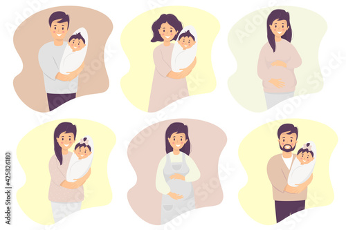 Happy family flat vector set. Happy and smiling, A pregnant woman, dad and mom with a newborn baby in their arms - a son and a daughter. Vector. Isolated. Mothers day and fathers day