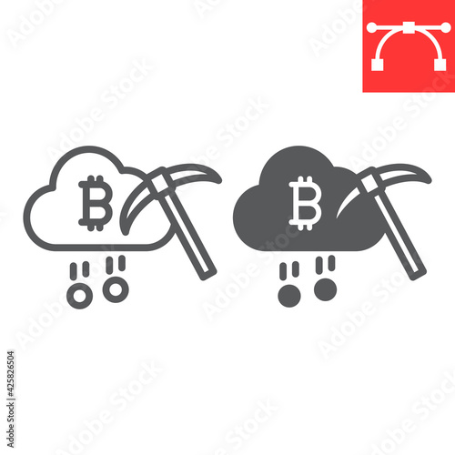 Cloud mining line and glyph icon, cryptocurrency and bitcoin, cloud with pickaxe vector icon, vector graphics, editable stroke outline sign, eps 10.