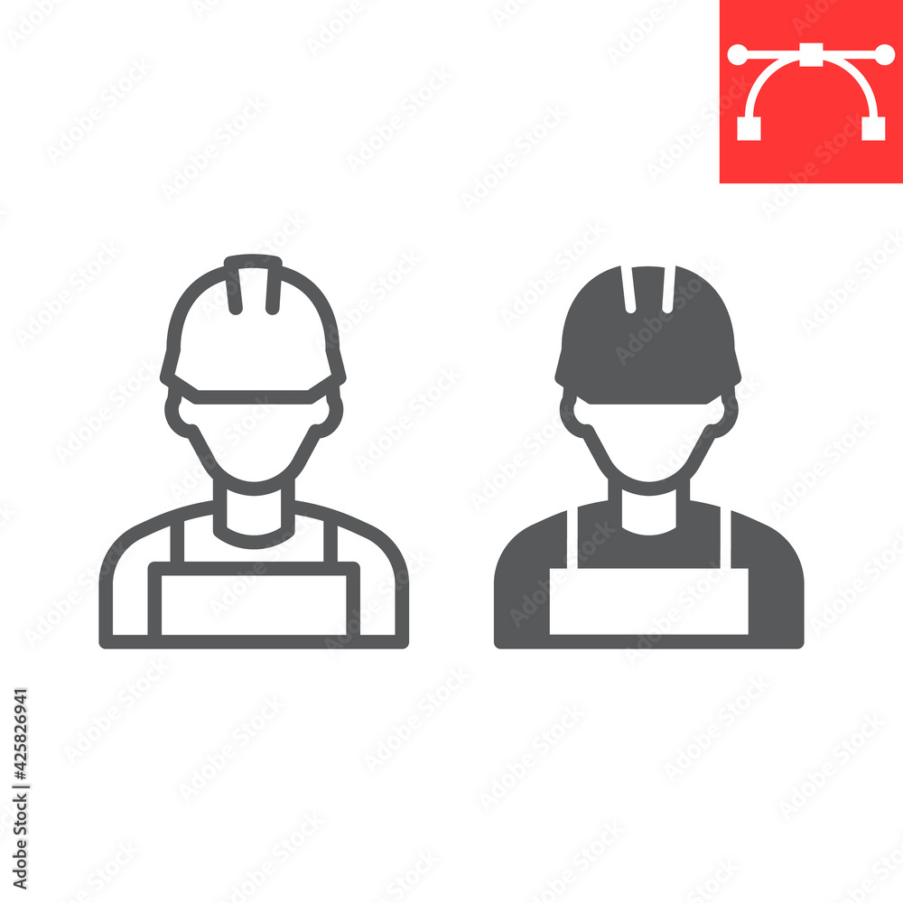 Construction worker line and glyph icon, engineer and repairman, miner icon, vector graphics, editable stroke outline sign, eps 10. Construction worker line and glyph icon, engineer and repairman, miner icon, vector graphics, editable stroke outline sign, eps 10.