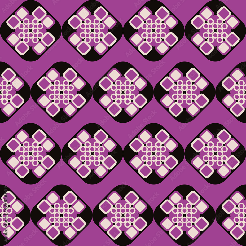 Pink abstract ornament. Seamless pattern and black decor elements. Pink abstract ornament. Seamless pattern and black decor elements.