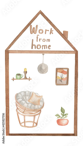 Fotografija Hand painted watercolor sketch of home workspace