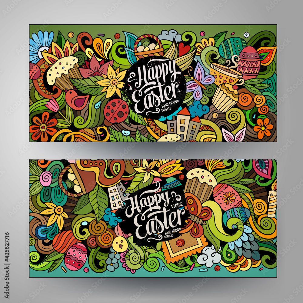 Cartoon cute colorful vector doodles Happy Easter banners