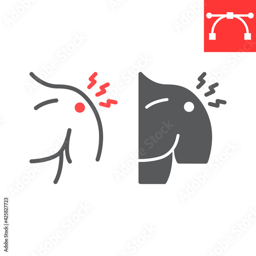 Shoulder pain line and glyph icon, arthritis and injury, shoulder ache vector icon, vector graphics, editable stroke outline sign, eps 10.