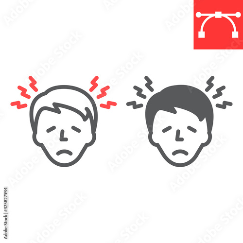 Headache line and glyph icon, stress and migraine, head pain vector icon, vector graphics, editable stroke outline sign, eps 10.
