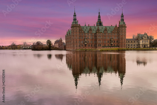 Hillerod, Denmark  April 5, 2021 - Built in the early 17th century, Frederiksborg Castle is one of the most famous castles in Denmark.  © Nick Brundle