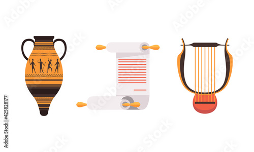 Set of Ancient Rome Empire Symbols, Antique Vessel, Scroll, Harp Flat Vector Illustration