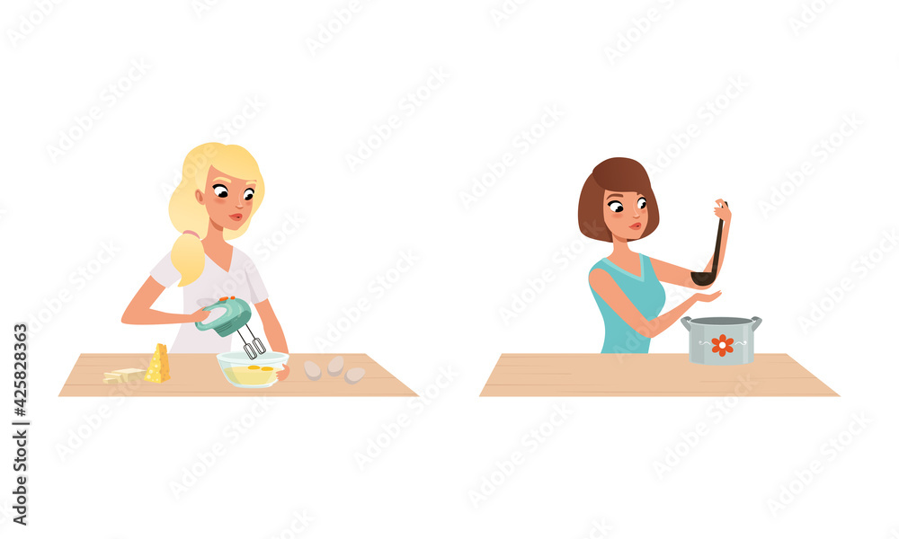 People Cooking in the Kitchen Set, Young Women Baking and Cooking Cartoon Vector Illustration