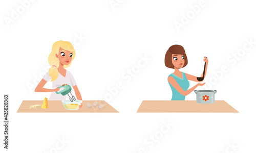 People Cooking in the Kitchen Set, Young Women Baking and Cooking Cartoon Vector Illustration