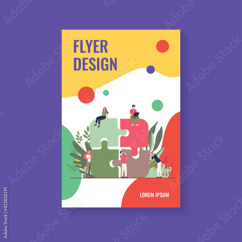 Business team putting together jigsaw puzzle isolated flat vector illustration. Cartoon partners working in connection. Teamwork, partnership and cooperation concept