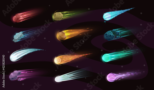Galaxy asteroids, comets or meteorites with flaming tails. Burning asteroids, stone and ice comets with glowing, colorful trails flying in outer space. GUI, UI vector design elements