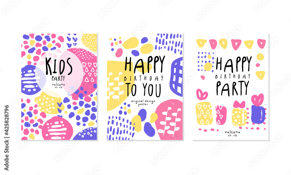 Kids Party Card Templates Set, Happy Birthday to You Hand Drawn Vector Illustration Kids Party Card Templates Set, Happy Birthday to You Hand Drawn Vector Illustration