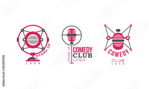 Comedy Club Logo Templates Design Set, Stand up Red Retro Badges Vector Illustration