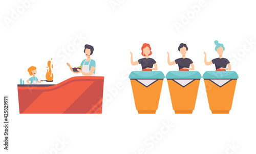 People Taking Part on TV Show Set, TV presenter and Boy Cooking on Culinary Show, Participants of TV Quiz Answering Questions Cartoon Vector Illustration
