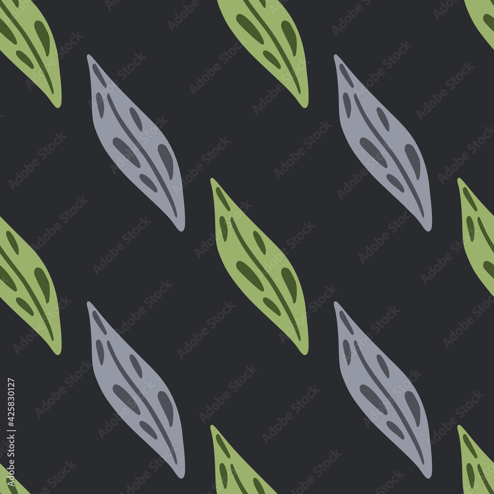 Fototapeta premium Simple style seamless botanic pattern with green and purple leaf ornament. Dark background.