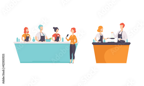 People Taking Part on TV Show Set, Chefs Preparing Food on Popular Culinary Show Cartoon Vector Illustration