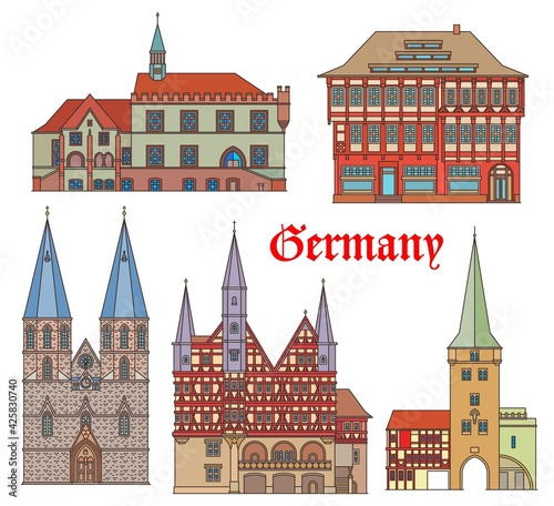 Germany landmarks architecture, buildings and cathedral, vector German fachwerk houses. St Cyriacus kirche church, Westerturm in Duderstadt city, rathaus in Gottingen and Rats Apotheke of Einbeck photo