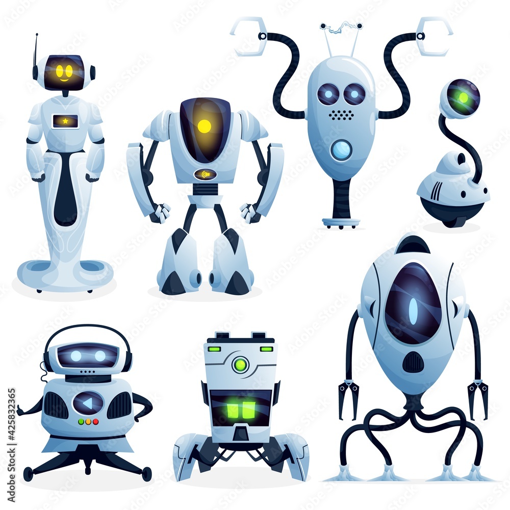 Robots cartoon characters and android bots, vector. Future AI Robot cyborg  and droid machines, digital futuristic technology and computer game  artificial intelligence, robotic creatures Stock Vector | Adobe Stock