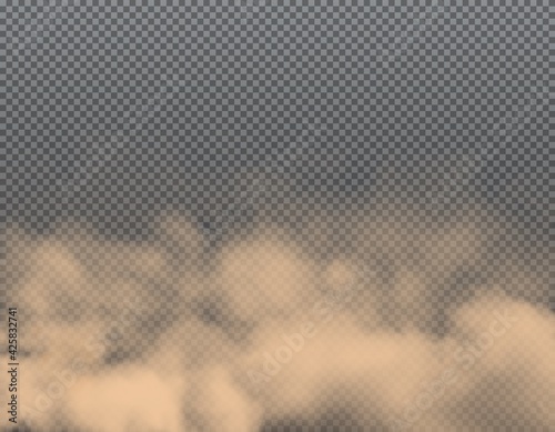 Dust clouds of sand, smoke and dirt air background, vector dirty powder smog. Transparent dust storm, brown fog clouds and ground pollution dusty splash, mist or mud and sandstorm realistic wind photo