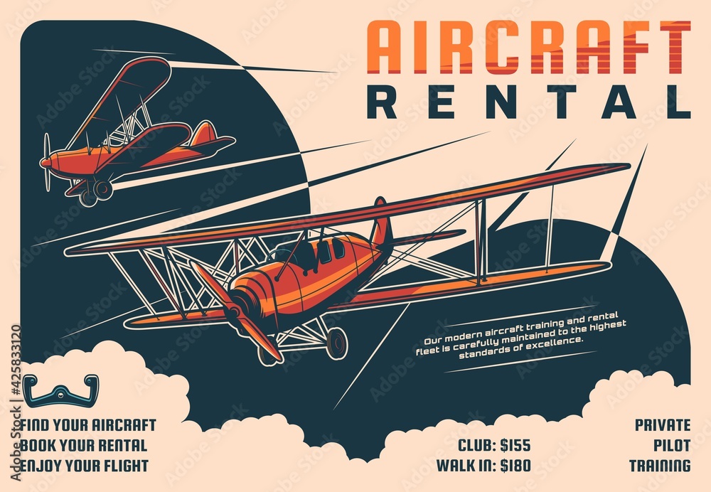 Rental aircraft tours, private pilot school retro poster. Historical propeller airplanes, flying in clouds vintage biplanes engraved vector. Aviation club, flying instructor classes promotion banner - obrazy, fototapety, plakaty 